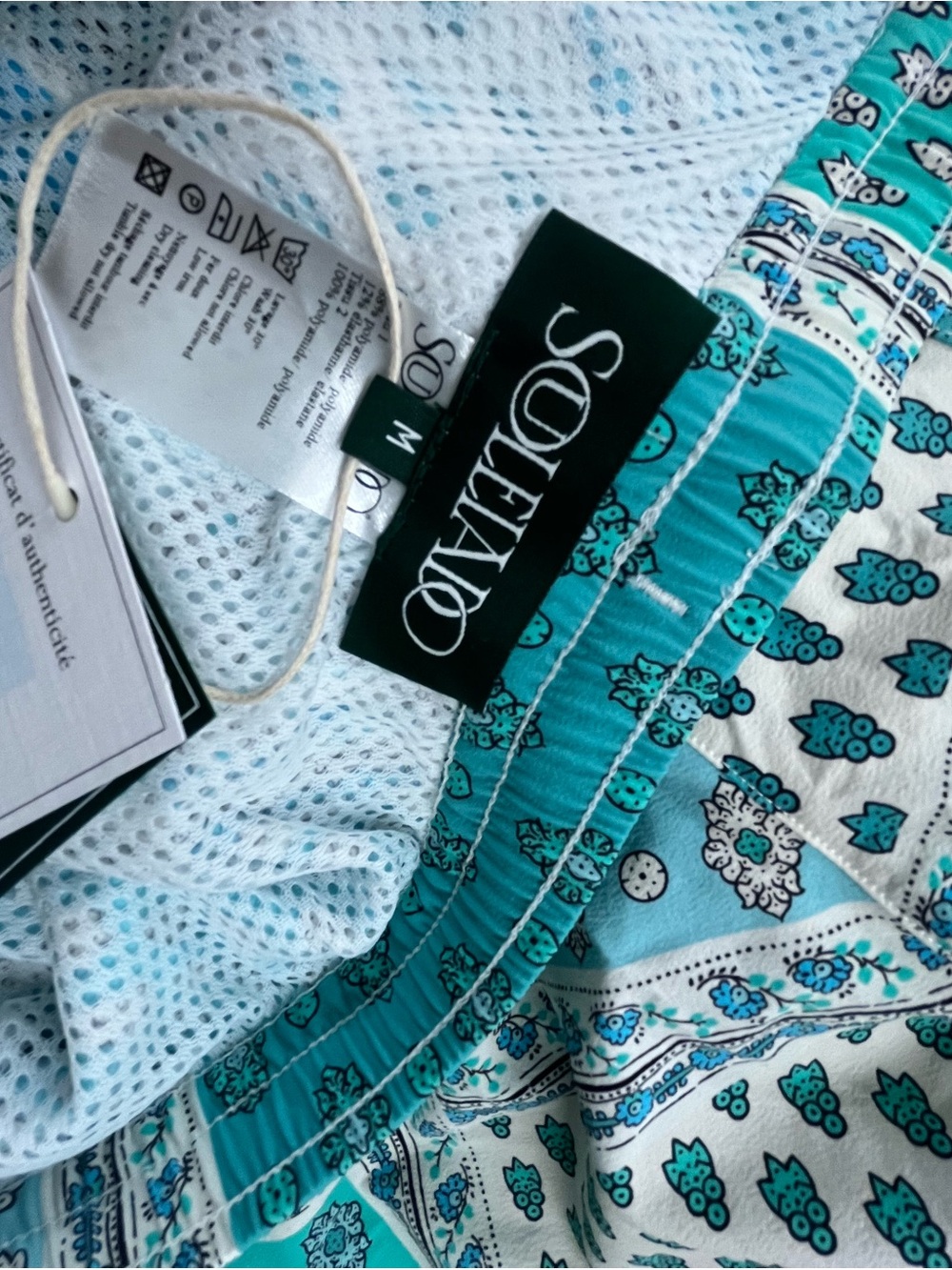 NWT SOULEIADO Patchwork Print Shorts Ecru Turquoise Marin Swim Trunks M - Picture 5 of 6